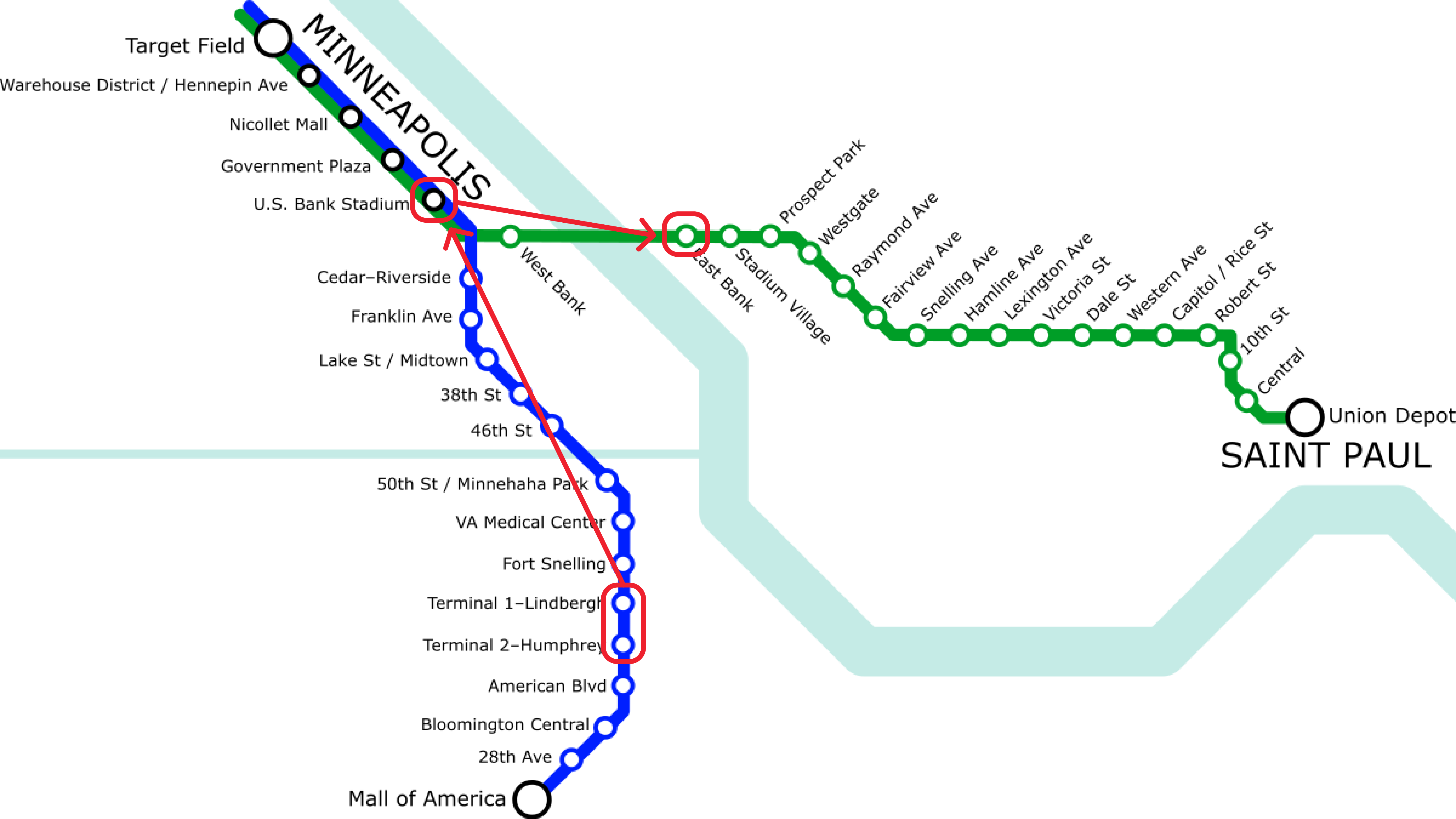 Map of then Blue and Green Light Rail lines with directions from MSP to campus